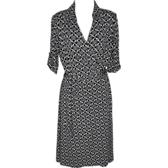 Jane Lamerton (Australia) True Wrap Dress w/Collar Geo Print - Black/Ivory - 12 - Picture 2 of 11
